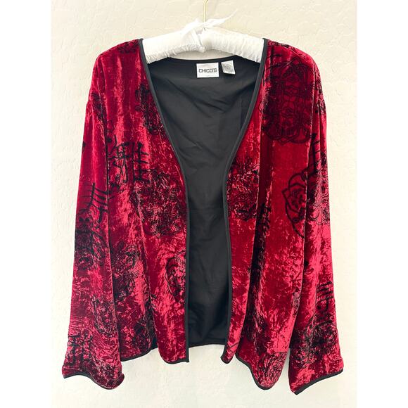 CHICO’S | Crushed Velvet Jacket Red Black Asian Print Open Front | Size 3 XL - Picture 1 of 5